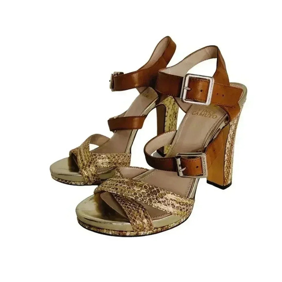 Vince Camuto Gold Snakeskin Snake Print Leather Heels Pumps Women's Size 8 - Picture 1 of 14